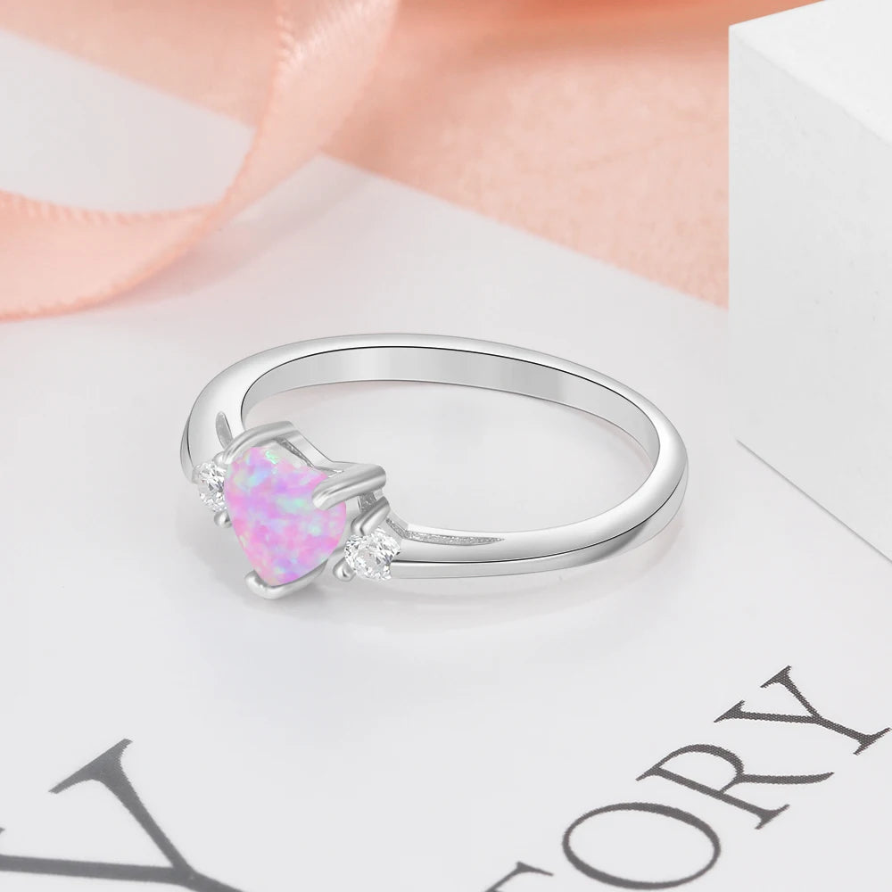Silver Heart Pink Opal Ring