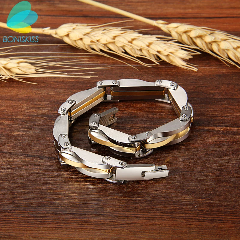 BONISKISS Men's Two-Tone Stainless Steel Rhombus Link Bracelet