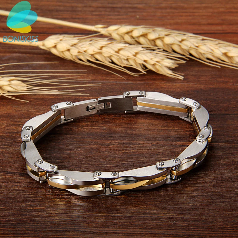 BONISKISS Men's Two-Tone Stainless Steel Rhombus Link Bracelet