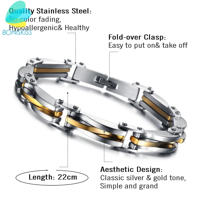 BONISKISS Men's Two-Tone Stainless Steel Rhombus Link Bracelet