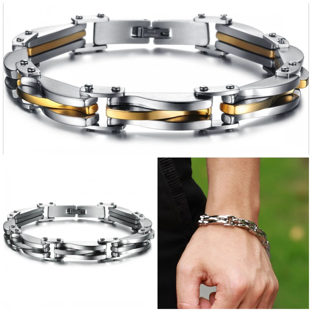 BONISKISS Men's Two-Tone Stainless Steel Rhombus Link Bracelet