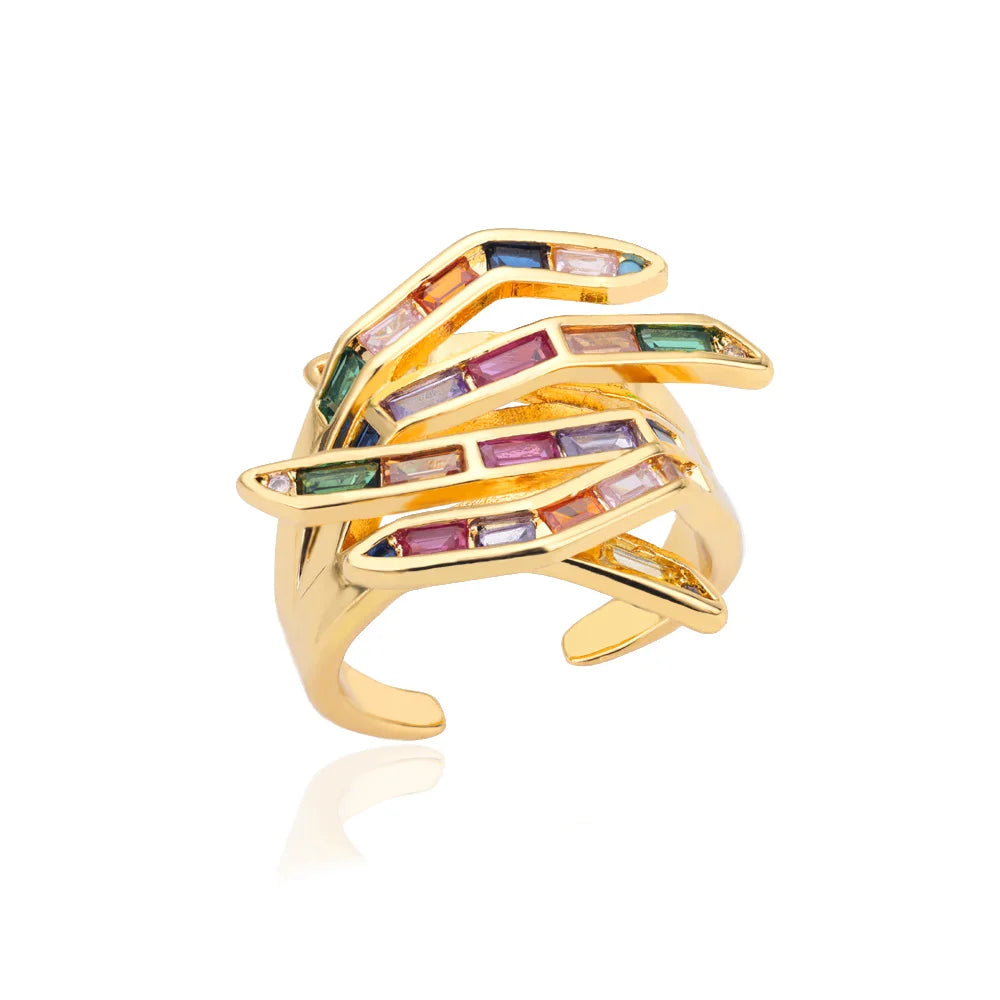 Gold Geometric Line Ring – Adjustable Stainless Steel Zircon