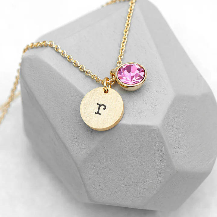 Personalized Initial Birthstone Crystal and Disc Necklace