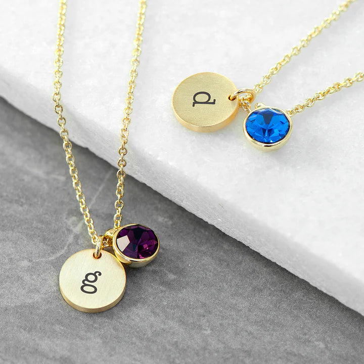 Personalized Initial Birthstone Crystal and Disc Necklace