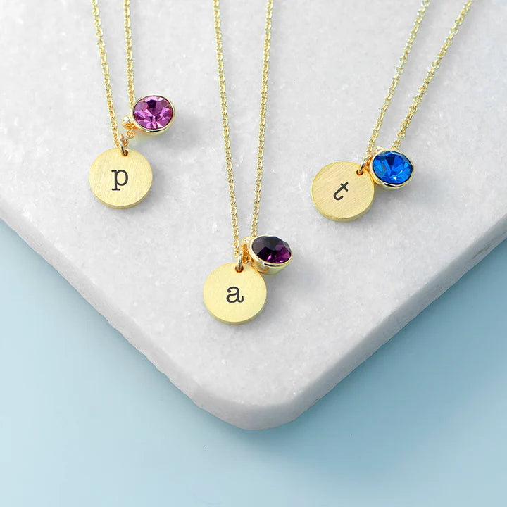 Personalized Initial Birthstone Crystal and Disc Necklace