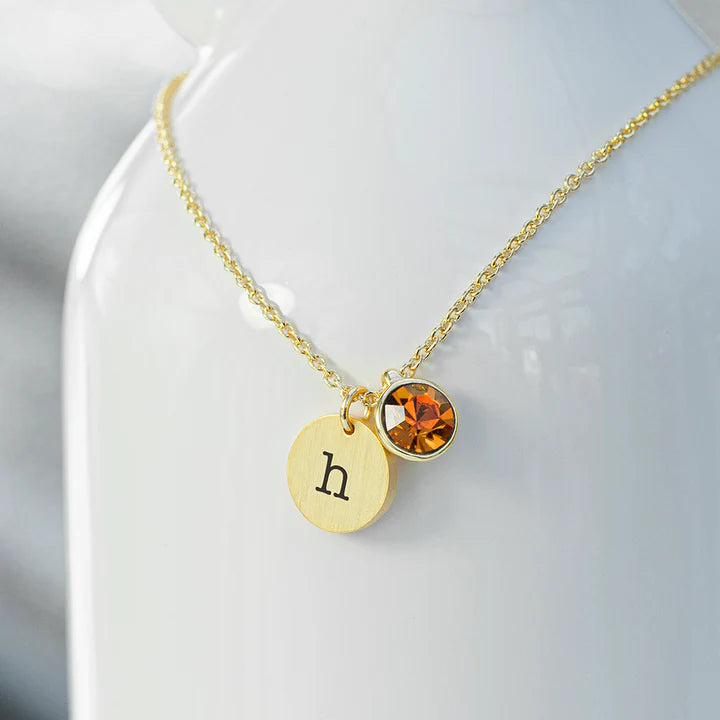 Personalized Initial Birthstone Crystal and Disc Necklace