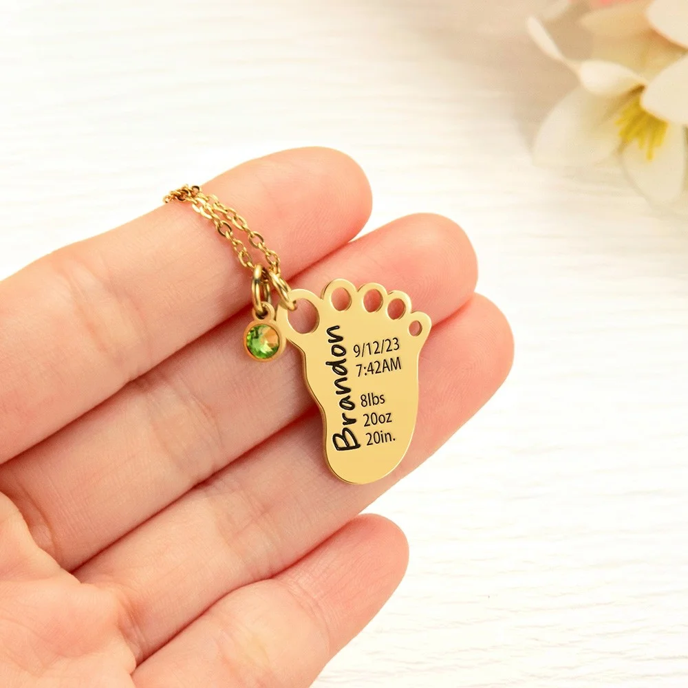 Personalized Baby Birth Stats Footprint Necklace with Birthstone