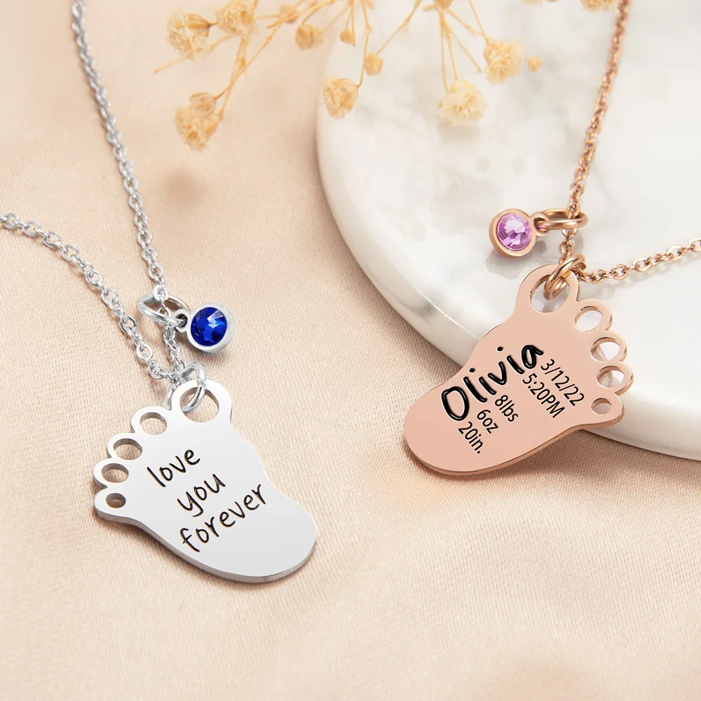 Personalized Baby Birth Stats Footprint Necklace with Birthstone