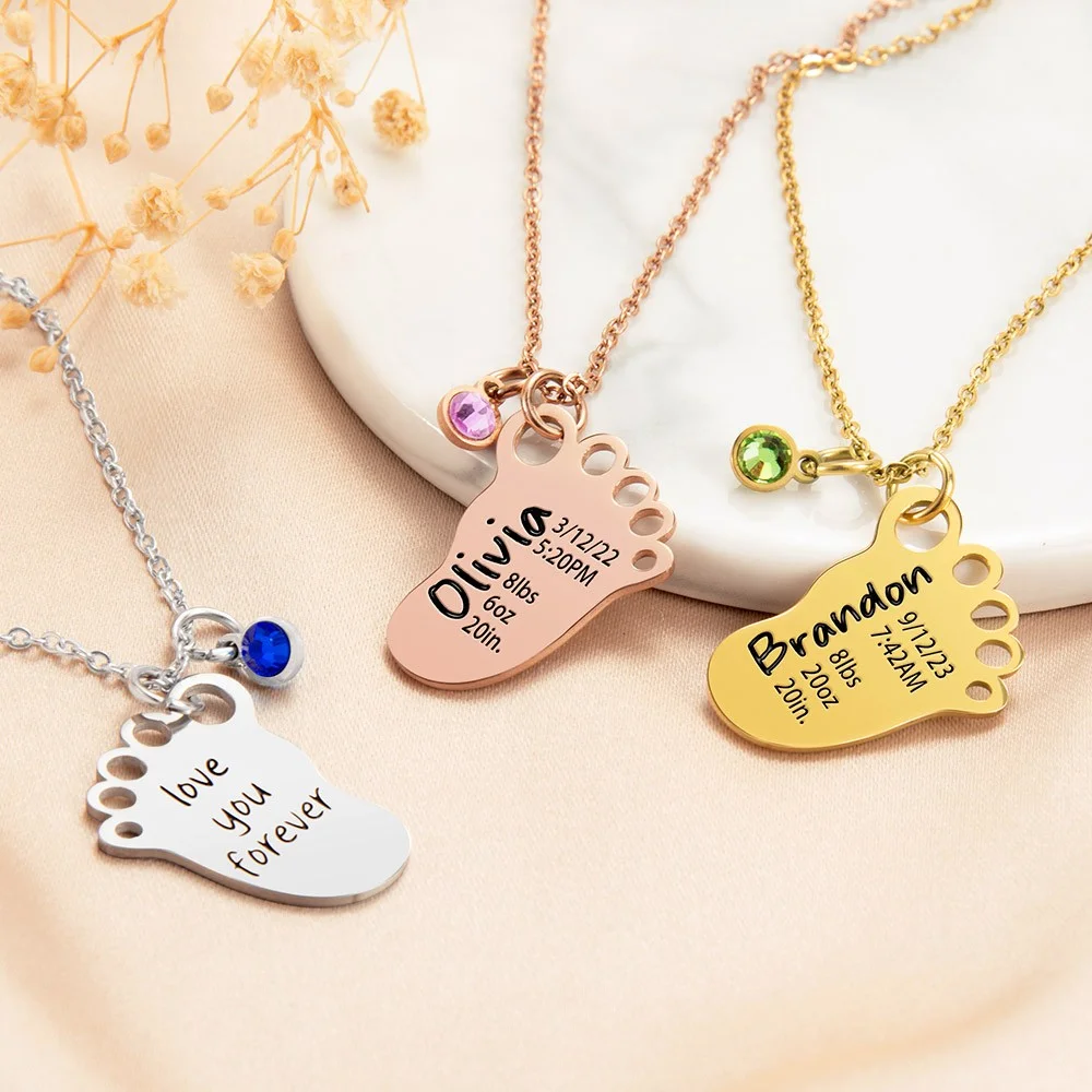 Personalized Baby Birth Stats Footprint Necklace with Birthstone