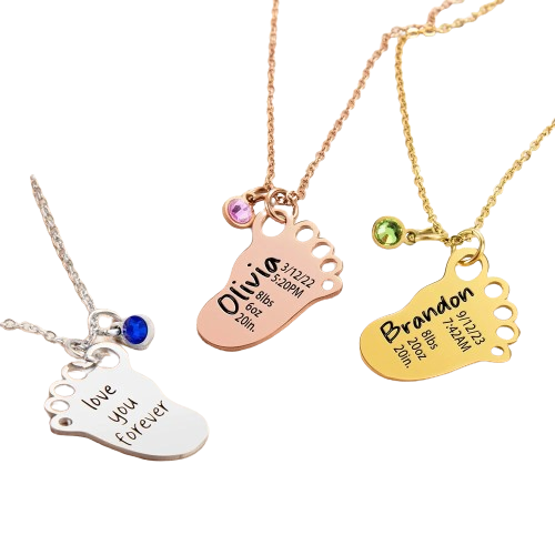 Personalized Baby Birth Stats Footprint Necklace with Birthstone