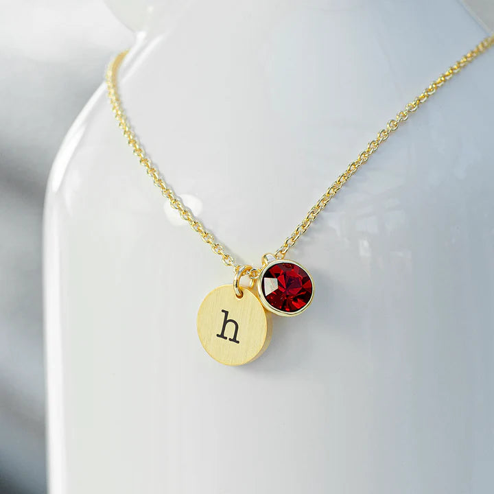 Personalized Initial Birthstone Crystal and Disc Necklace