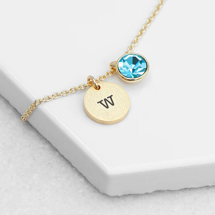 Personalized Initial Birthstone Crystal and Disc Necklace