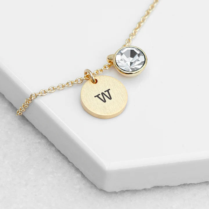 Personalized Initial Birthstone Crystal and Disc Necklace