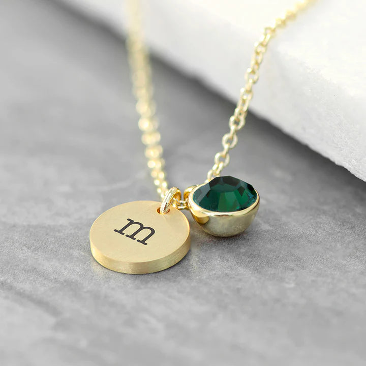 Personalized Initial Birthstone Crystal and Disc Necklace