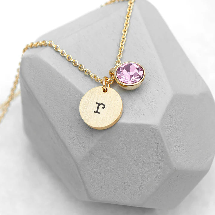 Personalized Initial Birthstone Crystal and Disc Necklace