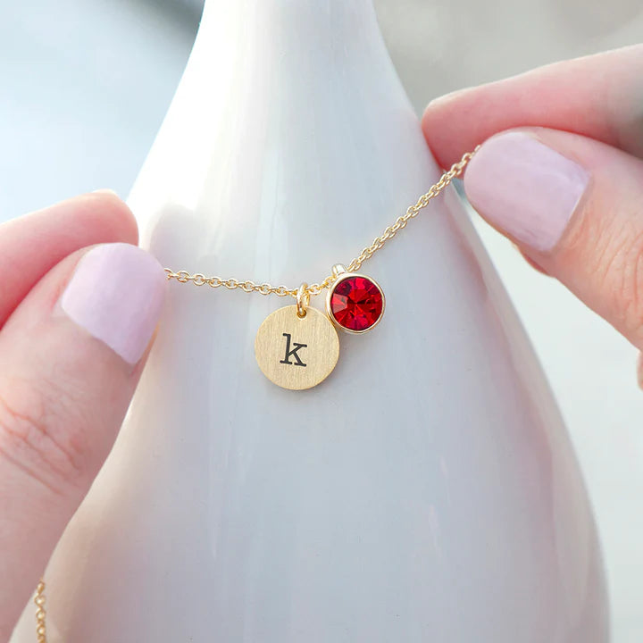 Personalized Initial Birthstone Crystal and Disc Necklace