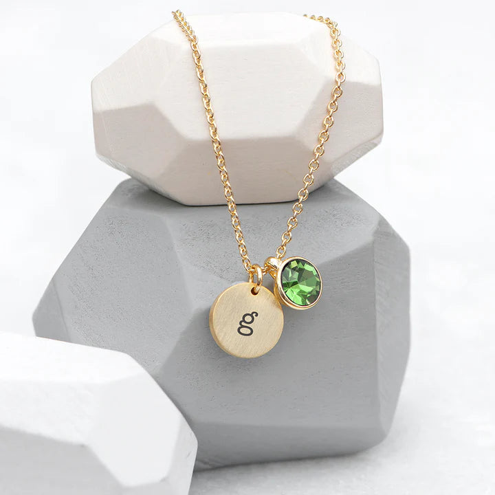 Personalized Initial Birthstone Crystal and Disc Necklace