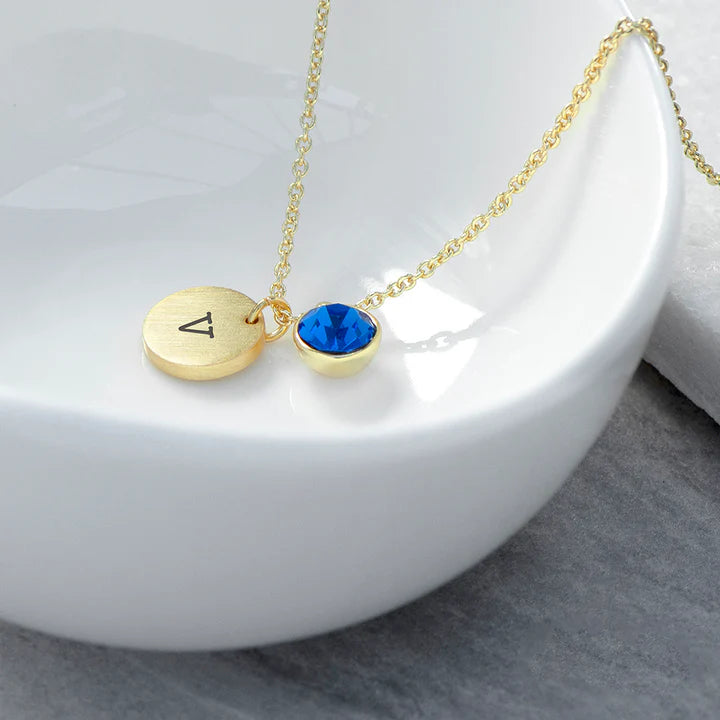 Personalized Initial Birthstone Crystal and Disc Necklace