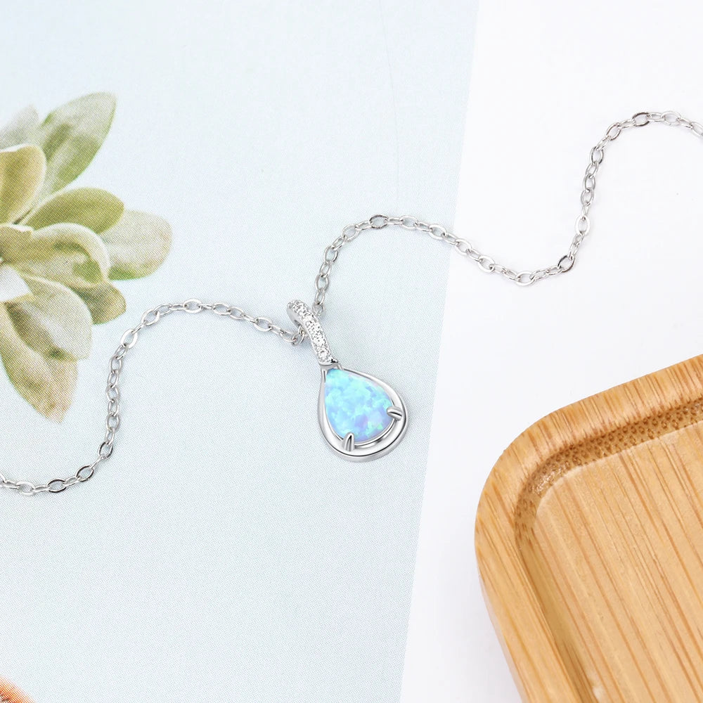 925 Sterling Silver Water Drop Opal Pendant Necklace