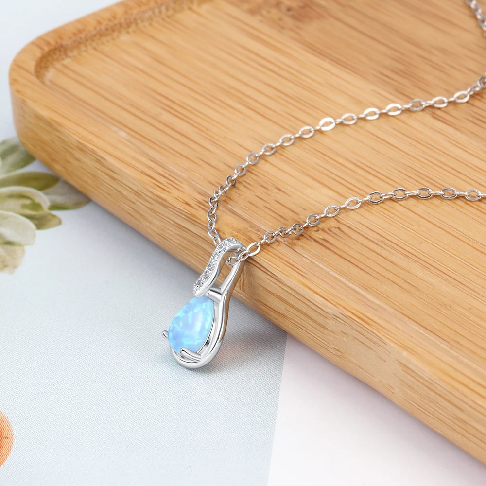 925 Sterling Silver Water Drop Opal Pendant Necklace