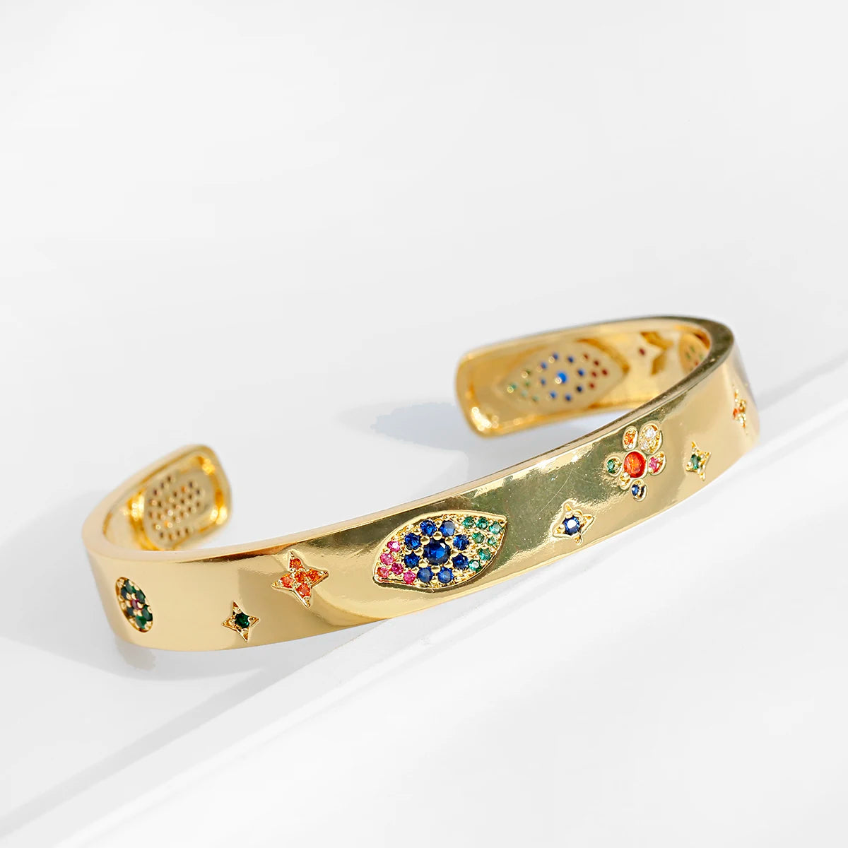 Luxury Gold Zircon Bangle – Star & Evil Eye Bracelet for Women