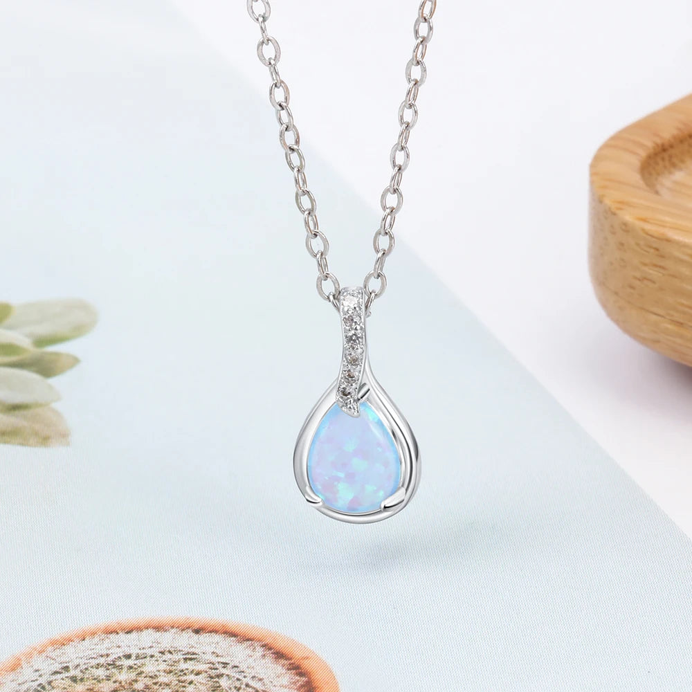 925 Sterling Silver Water Drop Opal Pendant Necklace