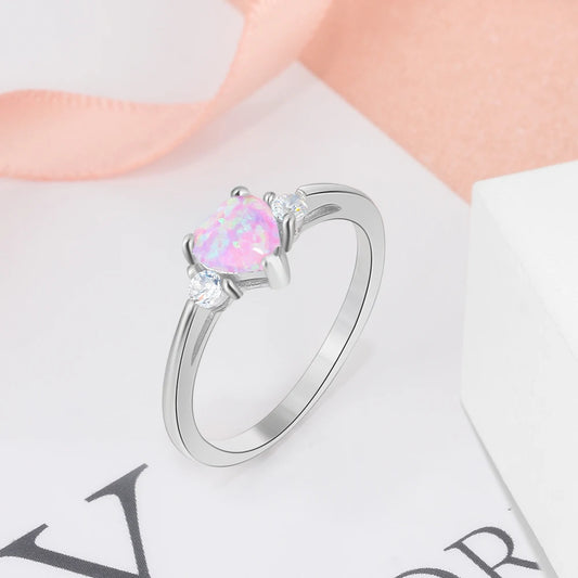 Silver Heart Pink Opal Ring