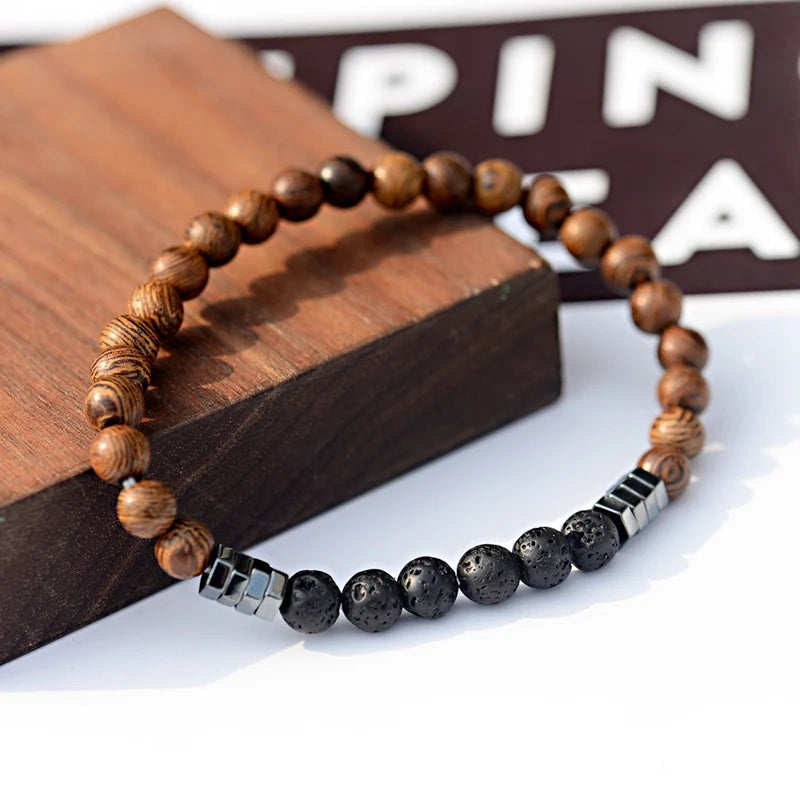 6MM Natural Wood & Lava Stone Bracelet