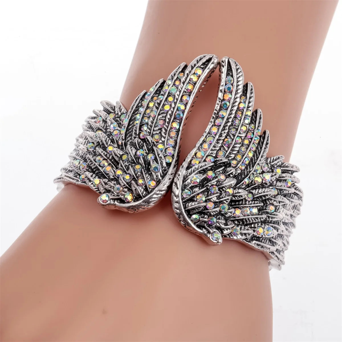 YACQ Angel Wing Bangle – Antique Gold & Silver Crystal Bracelet