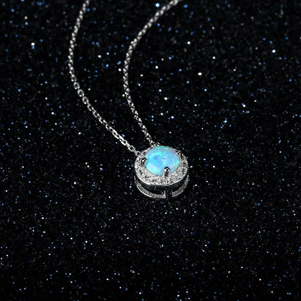 Elegant Round Blue Opal Pendant Necklace