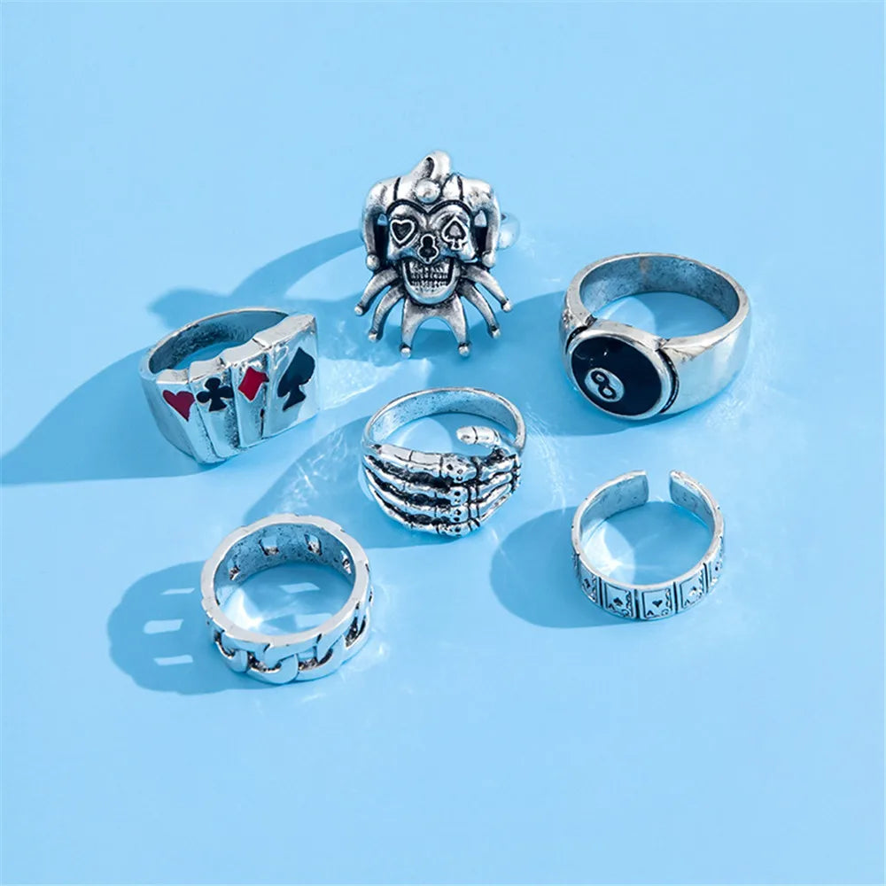 6-Piece Punk Skull & Joker Ring Set