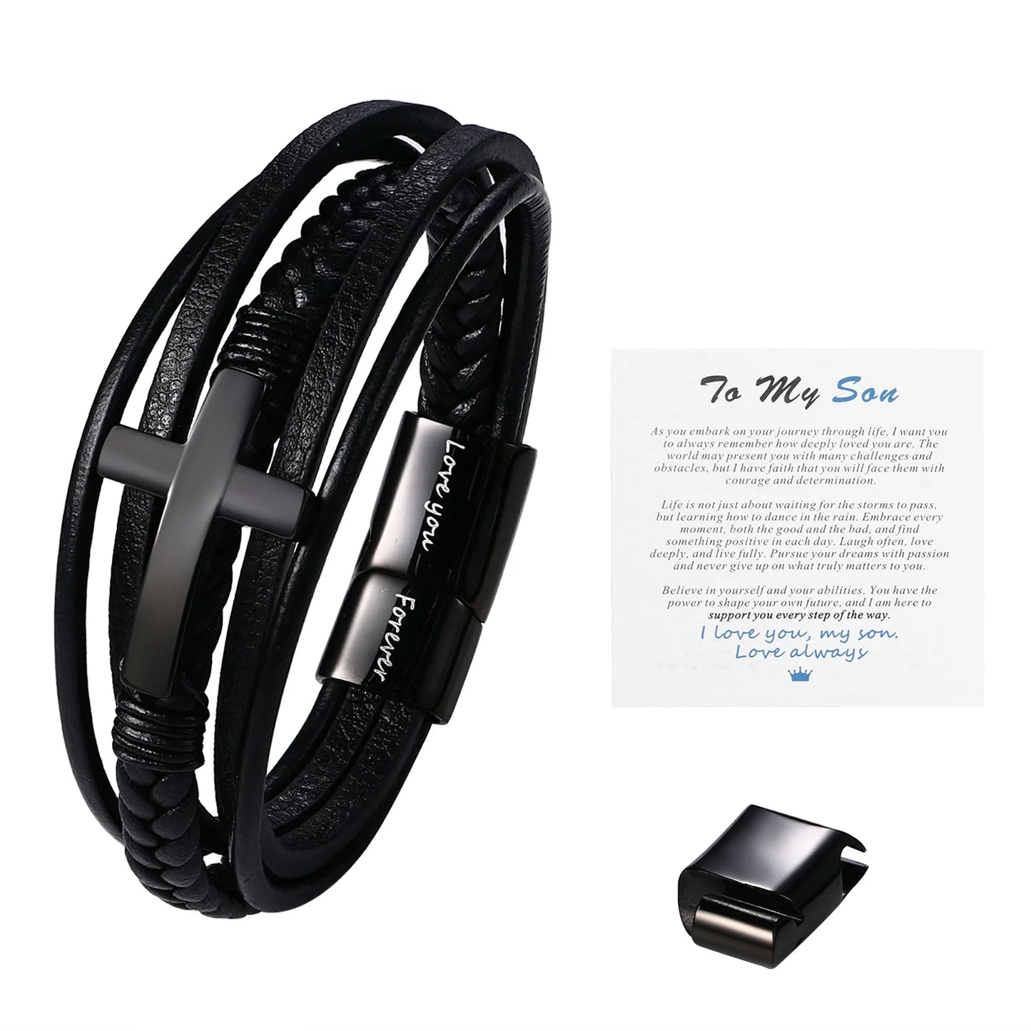 BONISKISS "To My Son" Cross Leather Bracelet – Multilayer Braided Design