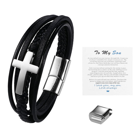 BONISKISS "To My Son" Cross Leather Bracelet – Multilayer Braided Design