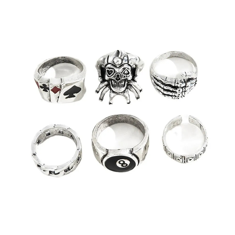 6-Piece Punk Skull & Joker Ring Set