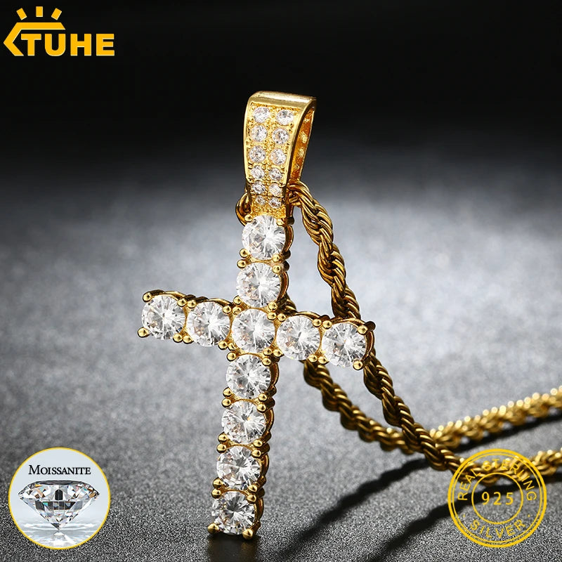 5mm Tennis Cross Pendant Hip Hop Jewelry Fully Moissanite Pendant Necklace With Fine Jewelry Tennis Chain