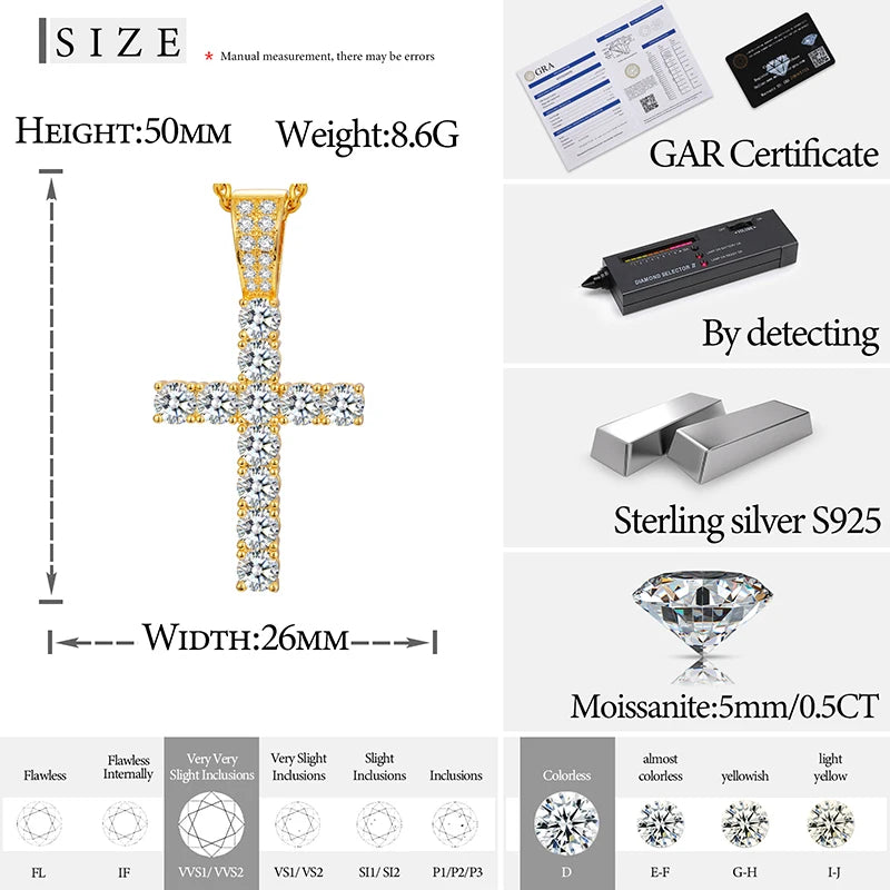 5mm Tennis Cross Pendant Hip Hop Jewelry Fully Moissanite Pendant Necklace With Fine Jewelry Tennis Chain